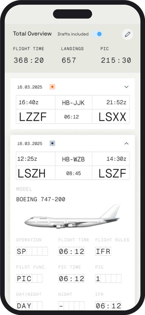 capzlog.aero auf dem Smartphone: ein Designentwurf für Funktionen, die in den kommenden Monaten entwickelt werden.